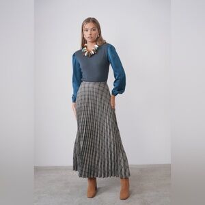 UDEL Accordion Plaid Pleated Maxi Modest Thick Flowy A-Line High-Waist Skirt XS